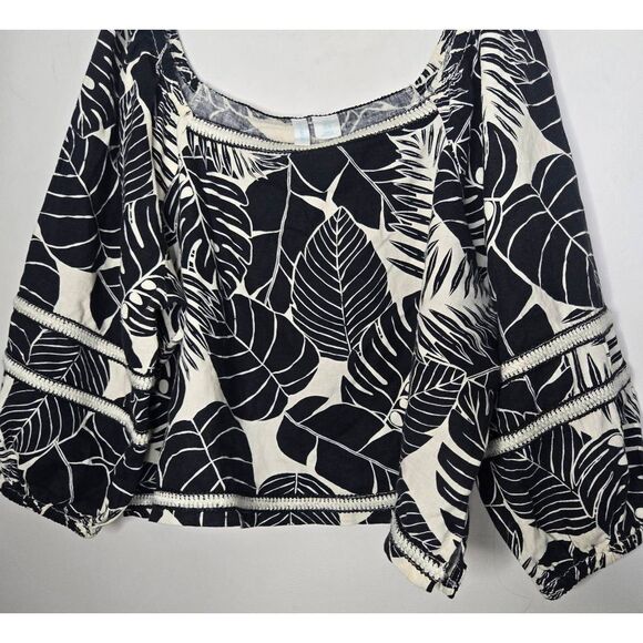 Cynthia Rowley Linen Blouse Women’s Size XL Black White Leaf Square Neck Top - Picture 3 of 6